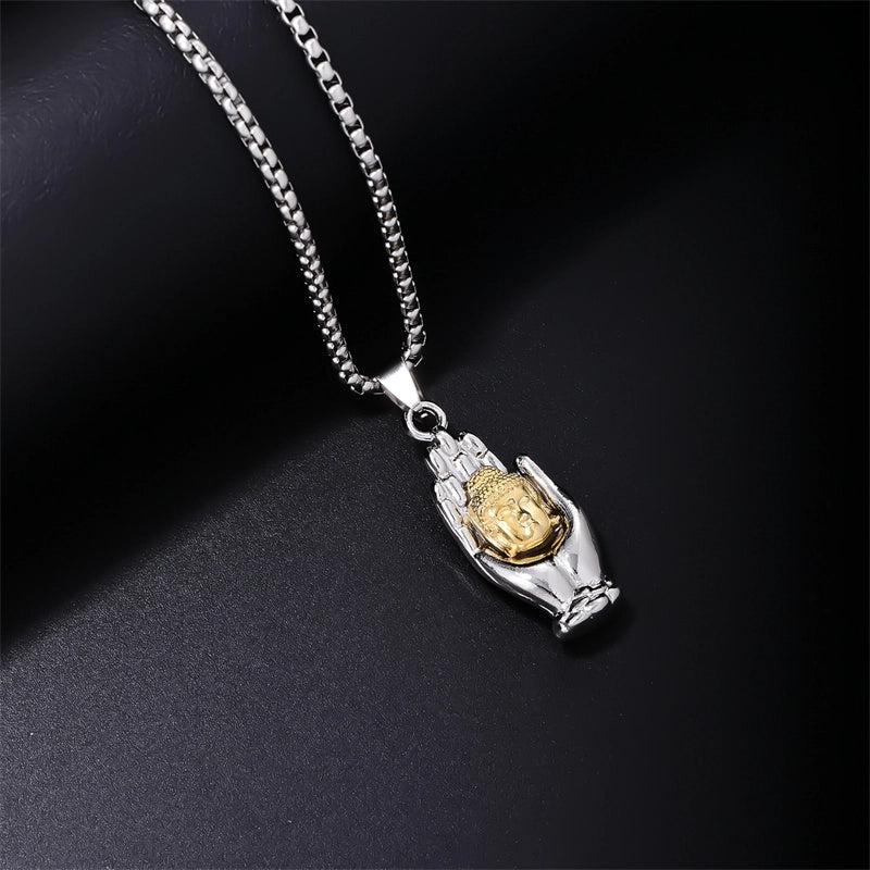 Chinoiserie Classical Retro Buddha Hand 304 Stainless Steel Three-dimensional Rhodium Plated Unisex Pendant Necklace
