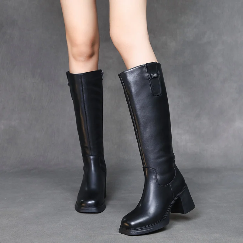 Yyvonne Layer Of Cow Skin High Boots Women 2025 Autumn And Winter New Knight Boots Korean Version Plus Velvet Thin Side Zipper High-Heeling Boots
