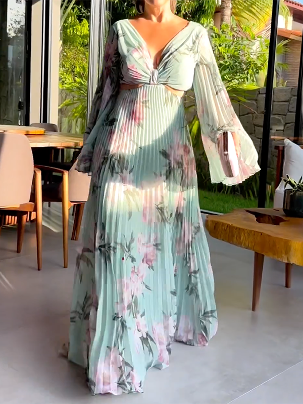 Belly-Hollow Floral Printed Long Sleeves V-neck Maxi Dresses