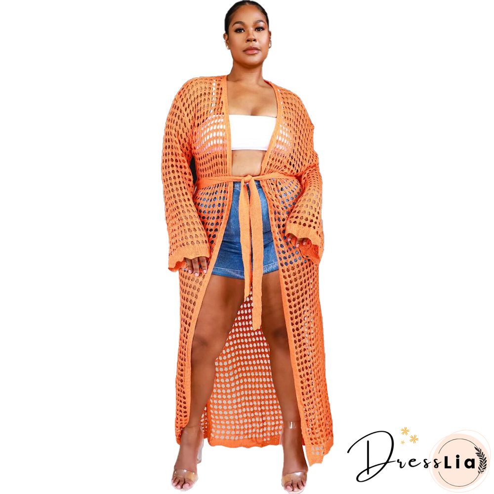Beachwear Long Sleeve Mesh Grid Cardigan Cover-ups