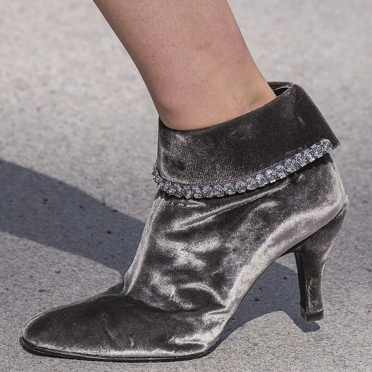 Grey Velvet Rhinestone Chunky Heel Ankle Boots |FSJ Shoes