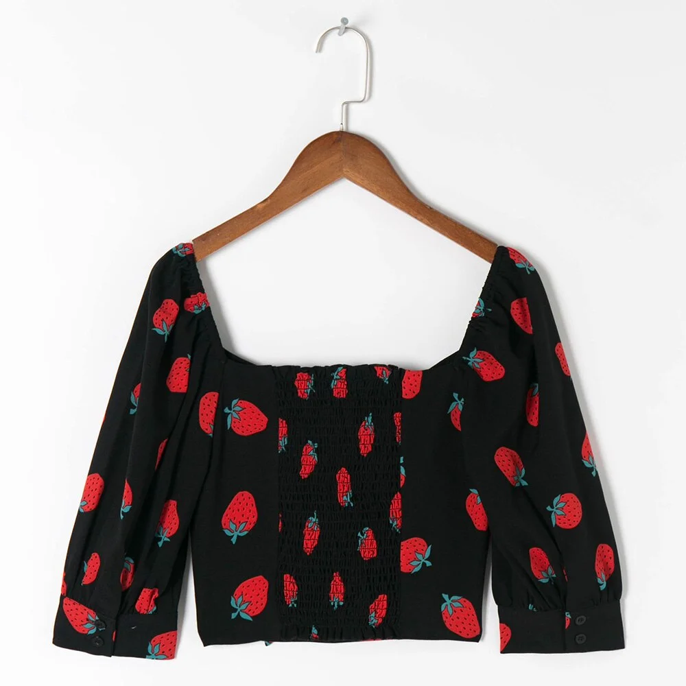 Huiketi Women Casual 2023 Fashion Sweetheart Neck Tie Bow Strawberry Print Blouse Back Smocked Slim Fitted Puff Sleeve Crop Top