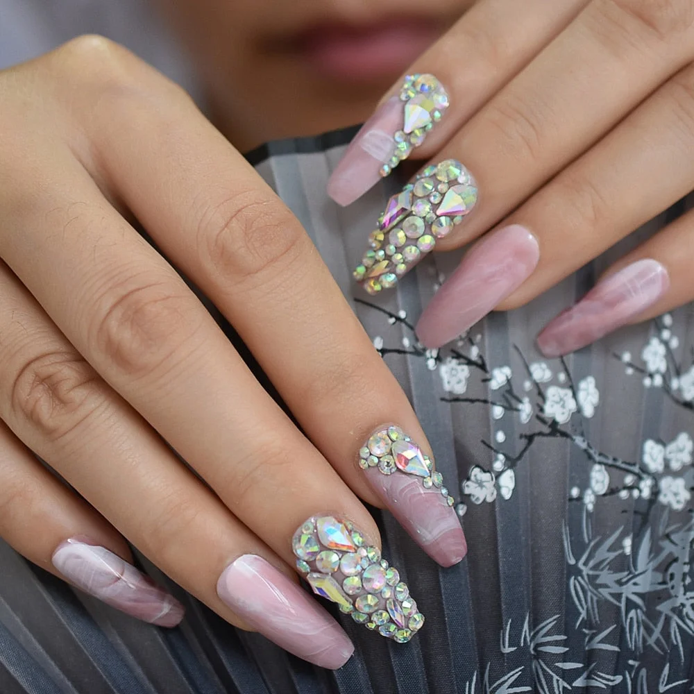 Salon Perfect Artificial Nails 3D Rhinestones Decorative White Nude Faux Ongles Long Ballerina Trapezoid Tips-Nail Inspo