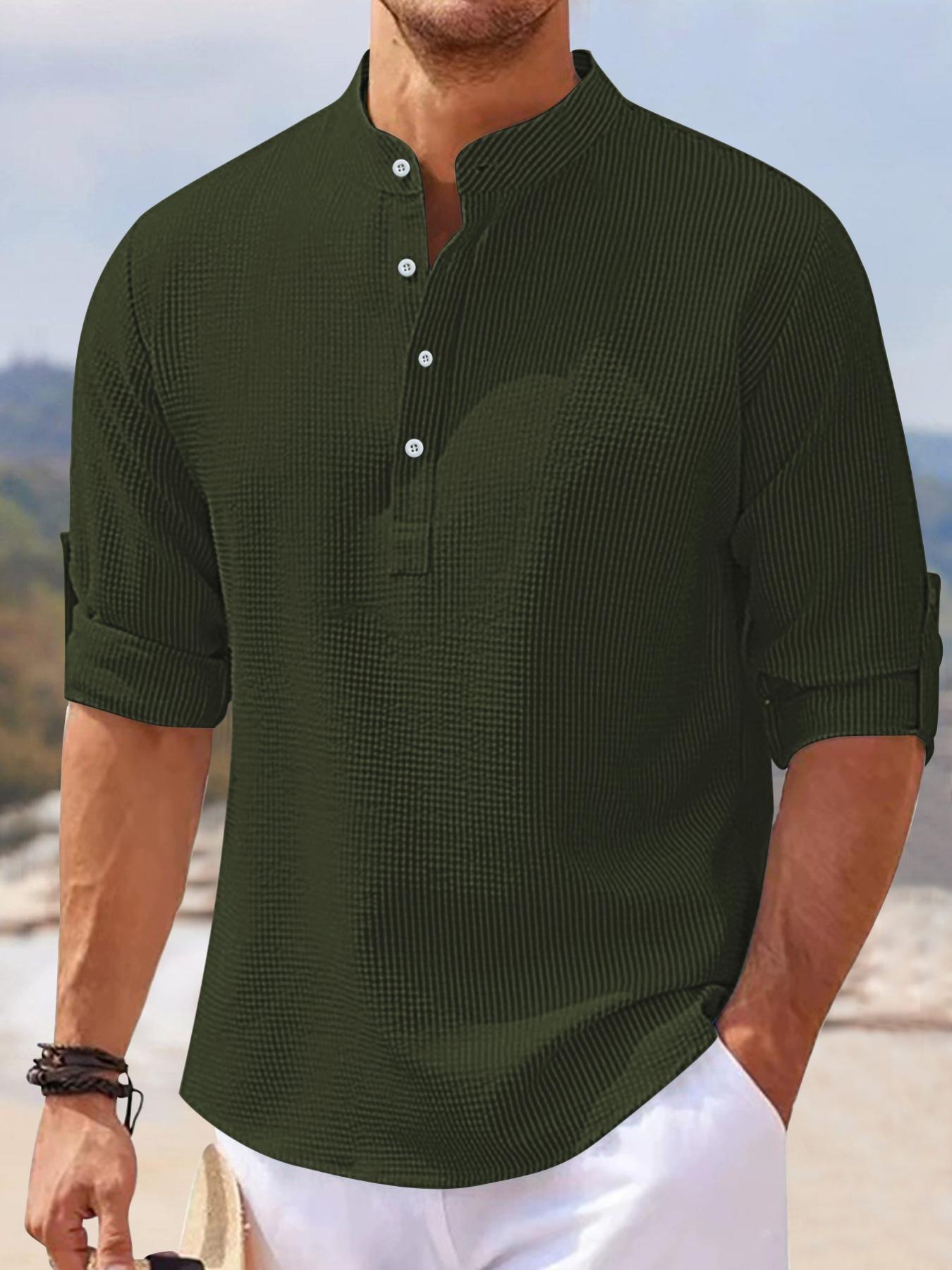 Men's Regular Fit Solid Color Waffle-knit Jacquard Long Sleeve Tee, Casual Comfy Button-front Shirt with Roll-Up Sleeves, Stylish Everyday Wear for Modern, Tops