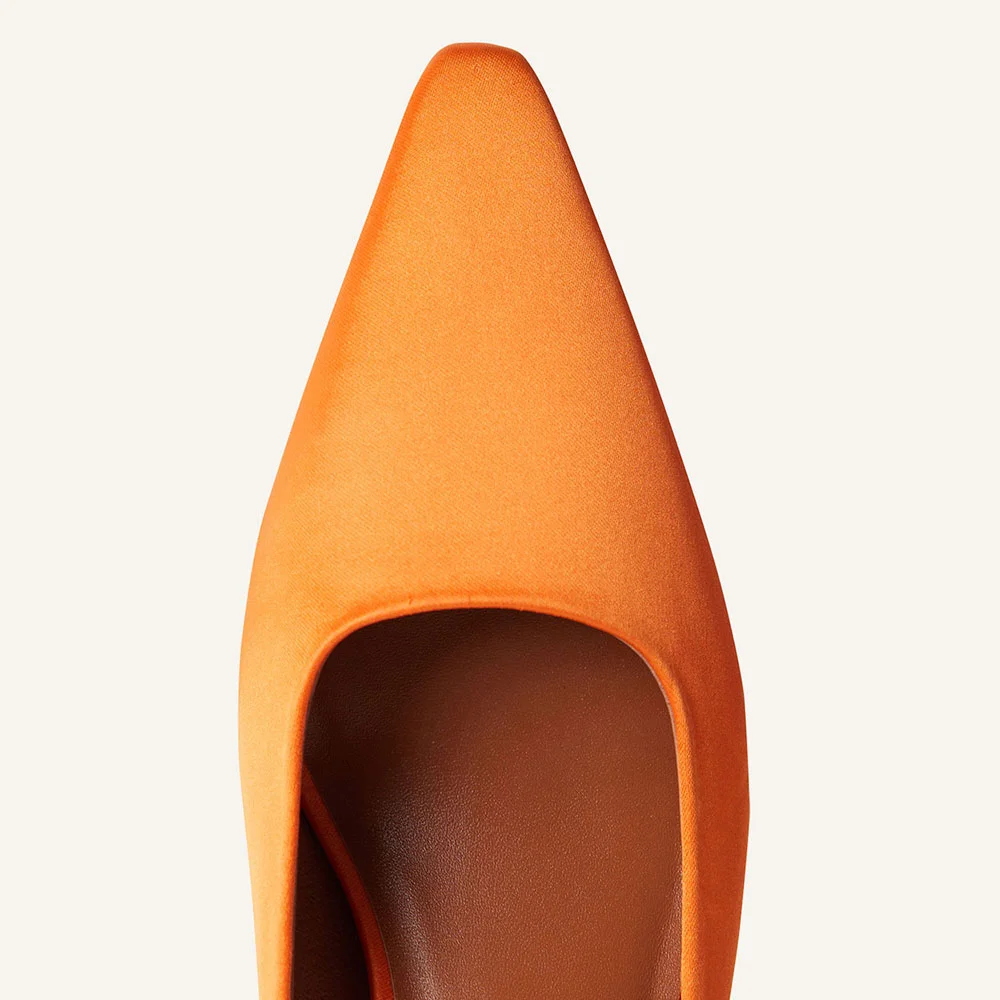 YDN Orange Satin Kitten Heel Pointed Toe Mules Shoes for Women