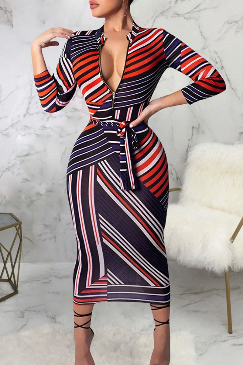 Multicolor Casual Print Bandage Patchwork V Neck A Line Dresses | EGEMISS
