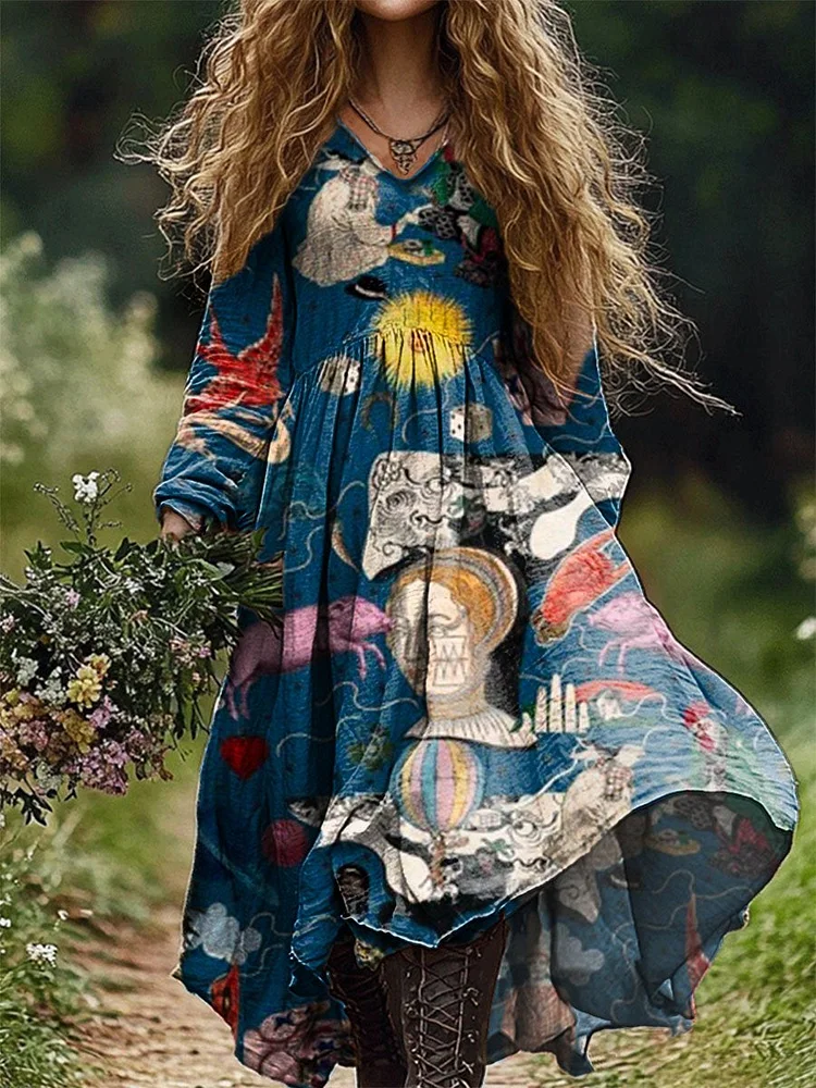 Women's Animal Hot Air Balloon Character Art Print Pocket Cotton Dress
