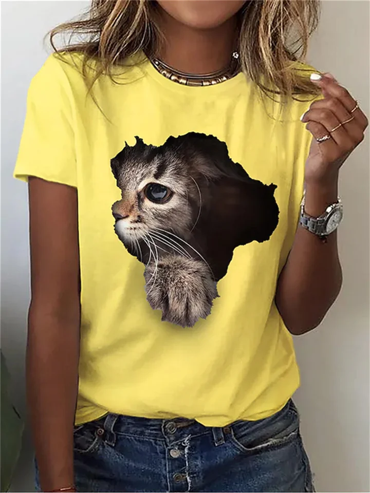 Summer Animal Kitten Print Short-sleeved Round Neck T-shirt Women's Pink White Yellow Black | 168DEAL