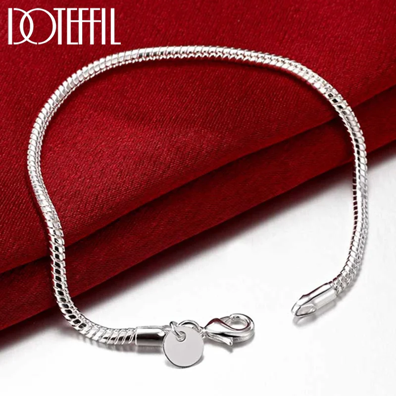 DOTEFFIL 925 Sterling Silver 8 Inch 3mm Snake Chain Basis Bracelet For Woman Jewelry