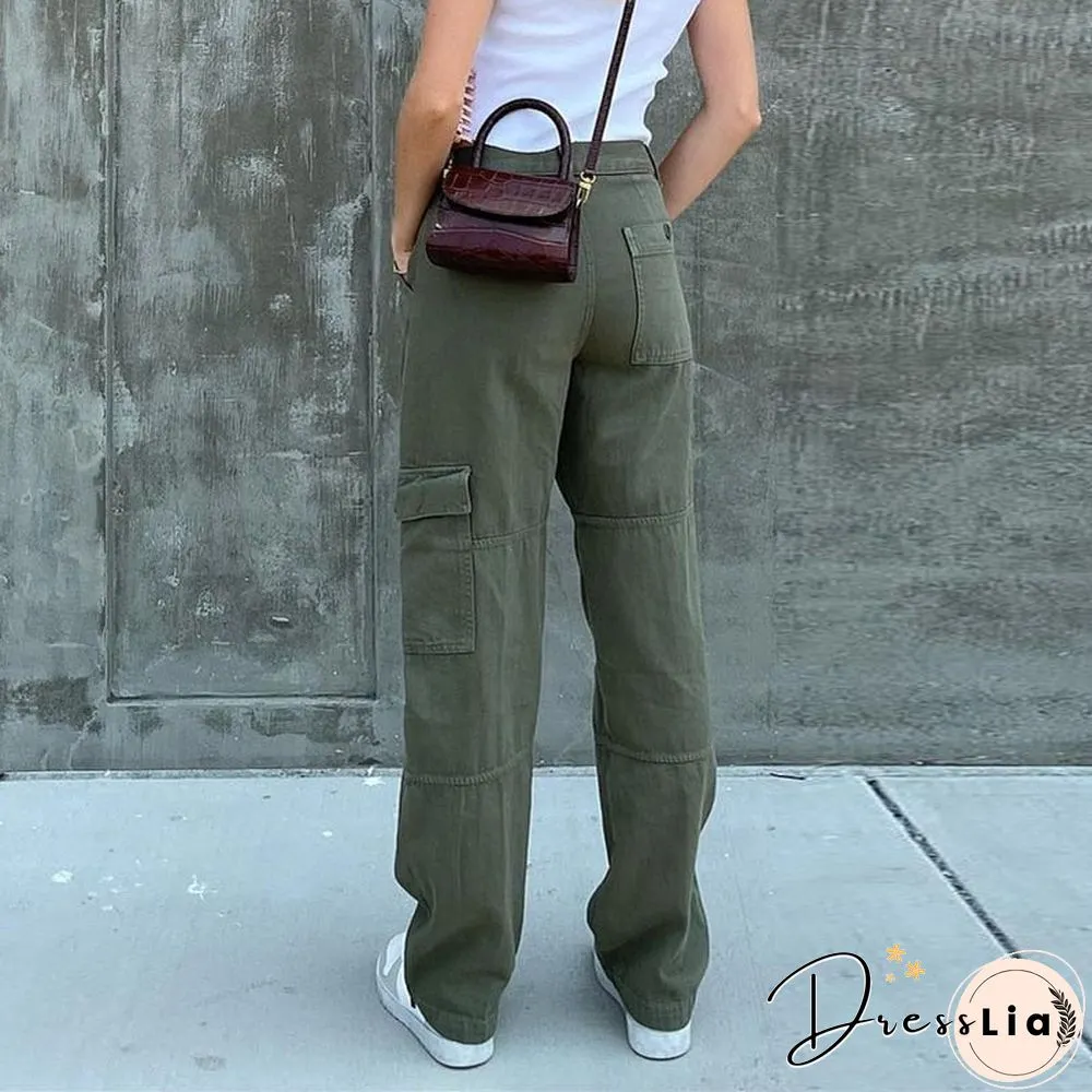 Womens Jeans Cargo Pocket Patchwork High Waist Wide Leg Denim Pants Casual Streetwear