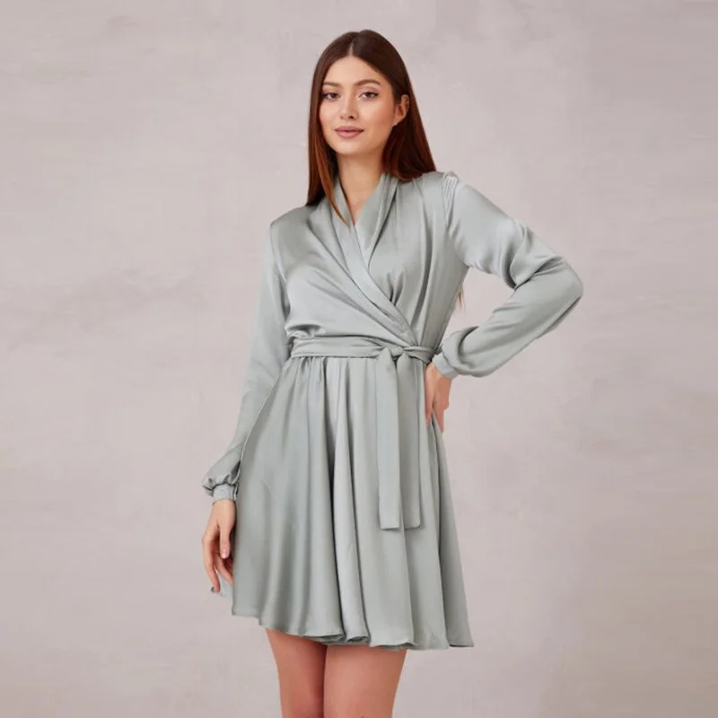 V-Neck Belt Satin Mini Dress Autumn Fashion Lantern Sleeve Comfort Night Club A-line Party Dresses For Women 2023