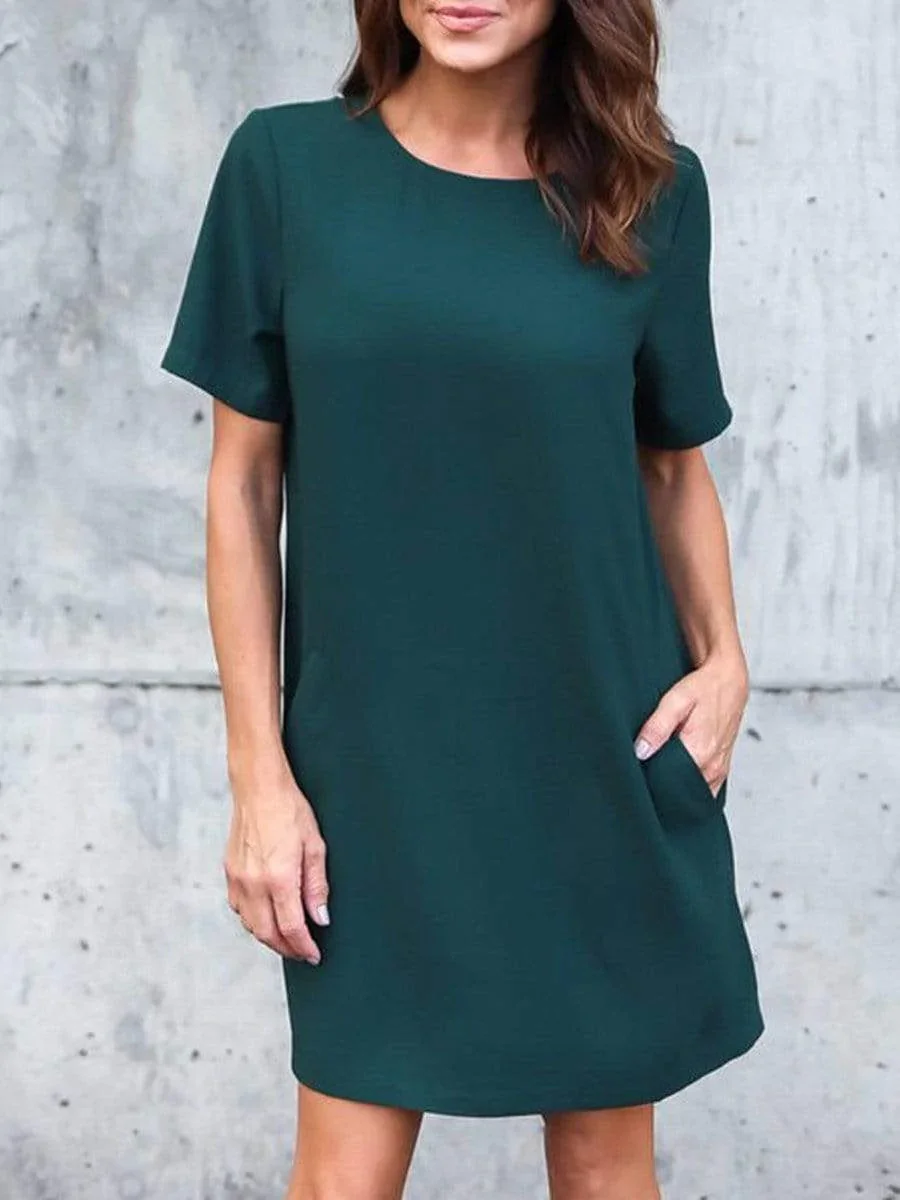 Round Neck  Plain Shift Dress