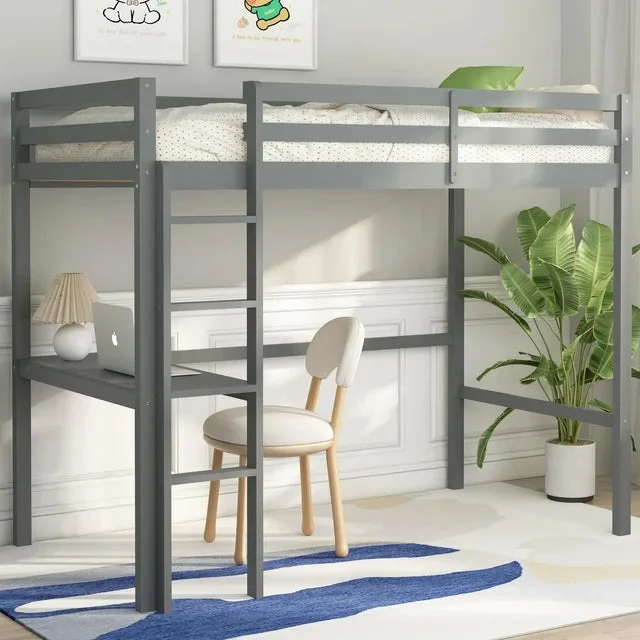 Wood Loft Bed with Desk, BTMWAY Twin Size Loft Bed Frame for Kids Room, Twin Loft Bed with Built-in Desk and Shelf, Wood Loft Bed Frame, Modern High Loft Bed, 200lbs Weight Capacity, Gray