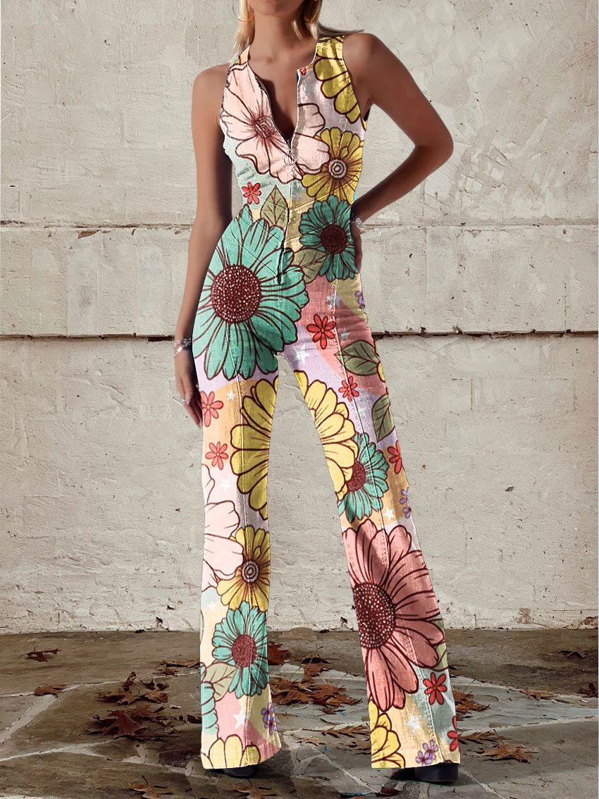 Vintage Colorful Floral Print Casual Jumpsuit