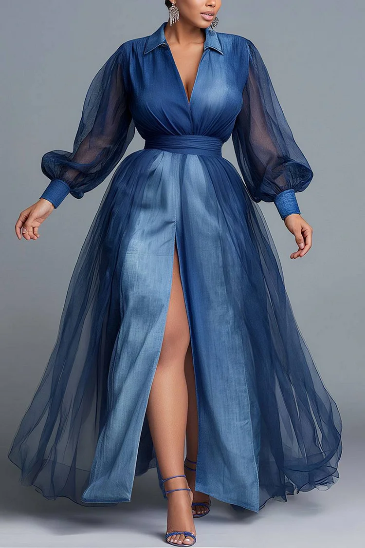 Xpluswear Design Plus Size Business Casual Blue V Neck Lantern Sleeve Long Sleeve Split Casual Contrast Denim Maxi Dresses [Pre-Order]