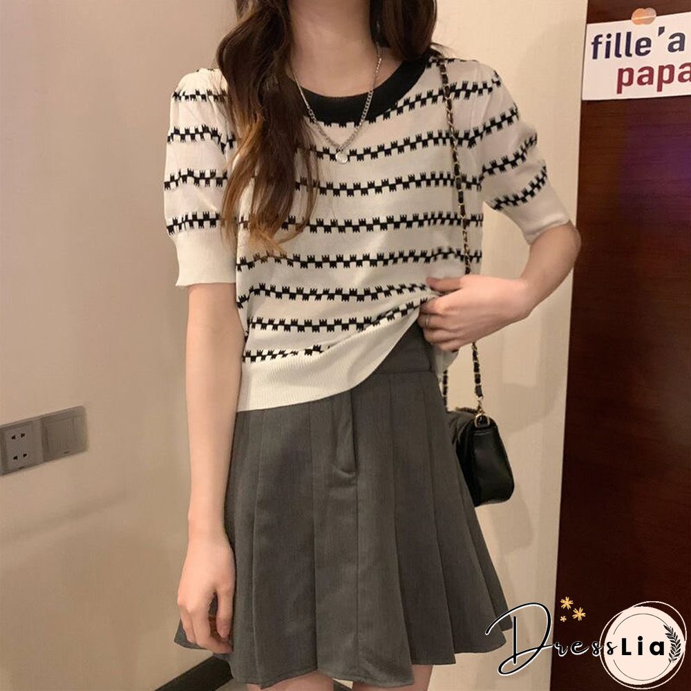 Summer New Korean Version Loose And Thin Design Striped Short-sleeved Knitted Shirt Women