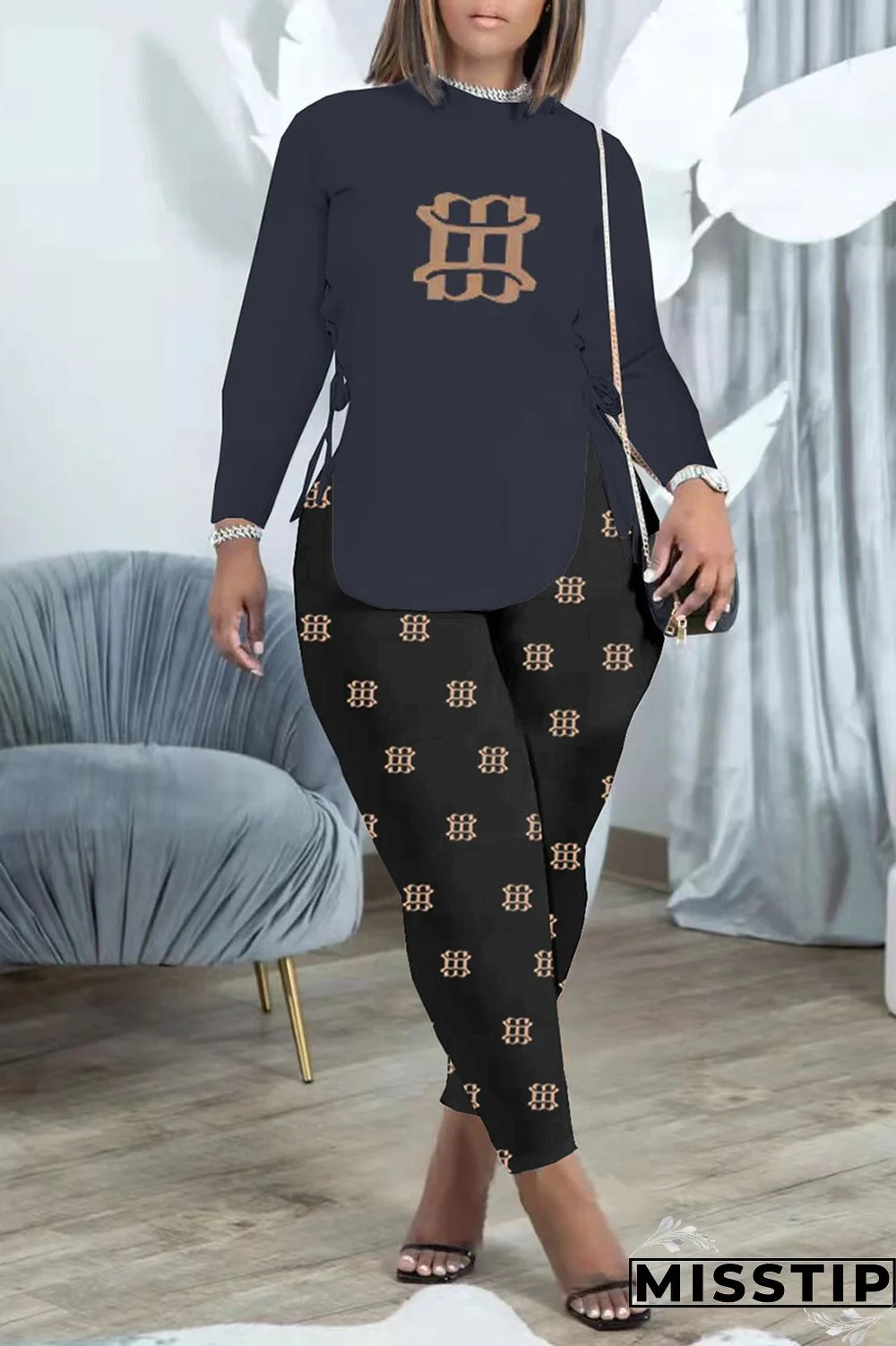 Brown Fashion Casual Print Bandage Patchwork O Neck Long Sleeve Two Pieces