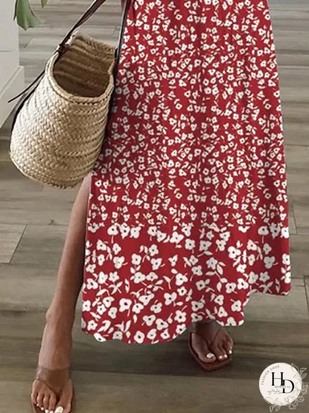Casual Dress A Line Dress Floral Dress Floral Ditsy Floral Split Print V Neck Long Dress Maxi Dress Fashion Streetwear Outdoor Daily Short Sleeve Regular Fit Wine Summer Spring S M L XL XXL for Women