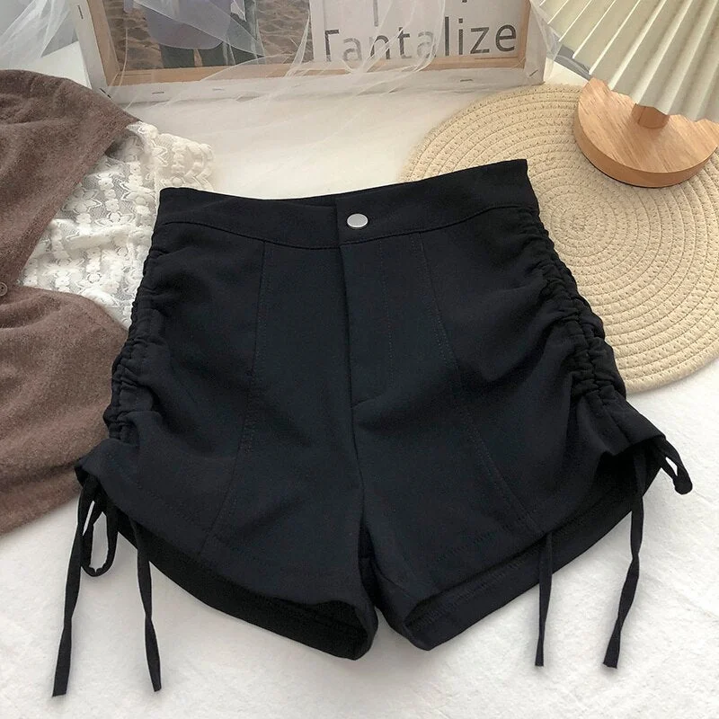 Casual Short Pants Women Summer Shorts High Waist Solid Color Elegant Wild Bottoms Chic Lace-up Wide Leg A-line Shorts