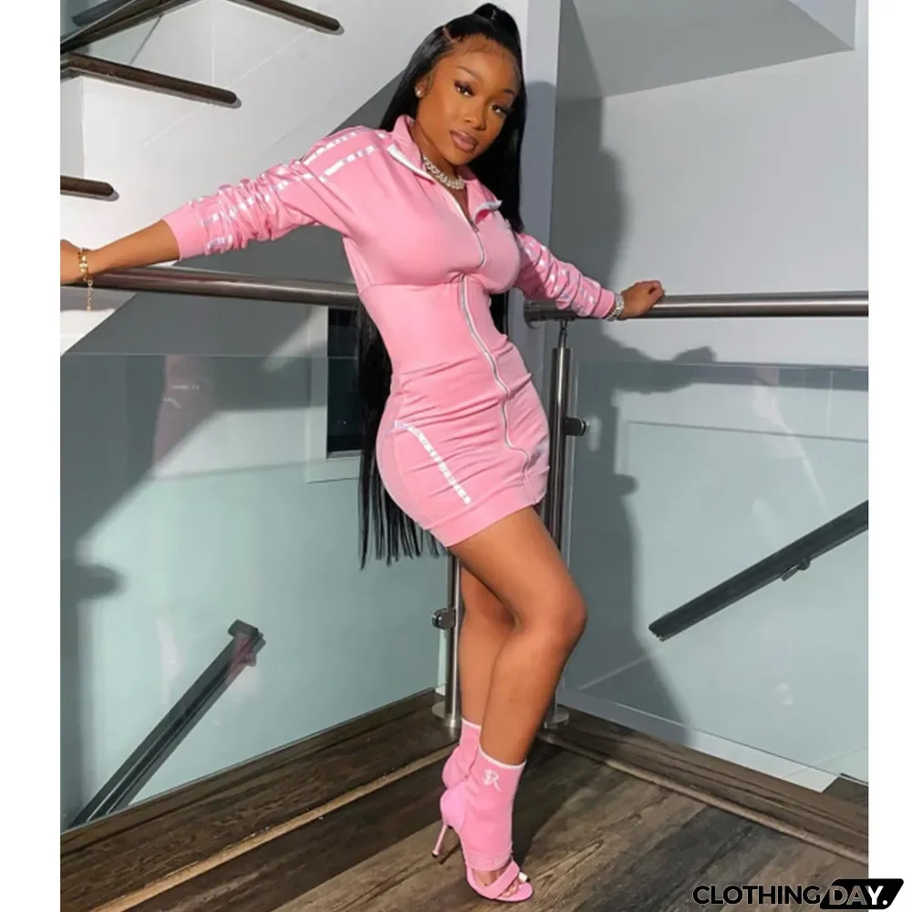 Casual Long Sleeve Zipper Mini Dress