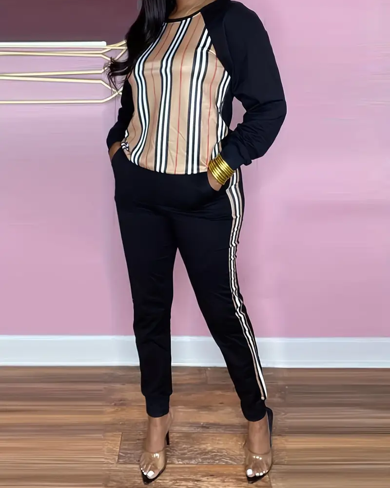 Khaki Vertical Stripes Print Long Sleeve Skinny Pants Two Piece Set