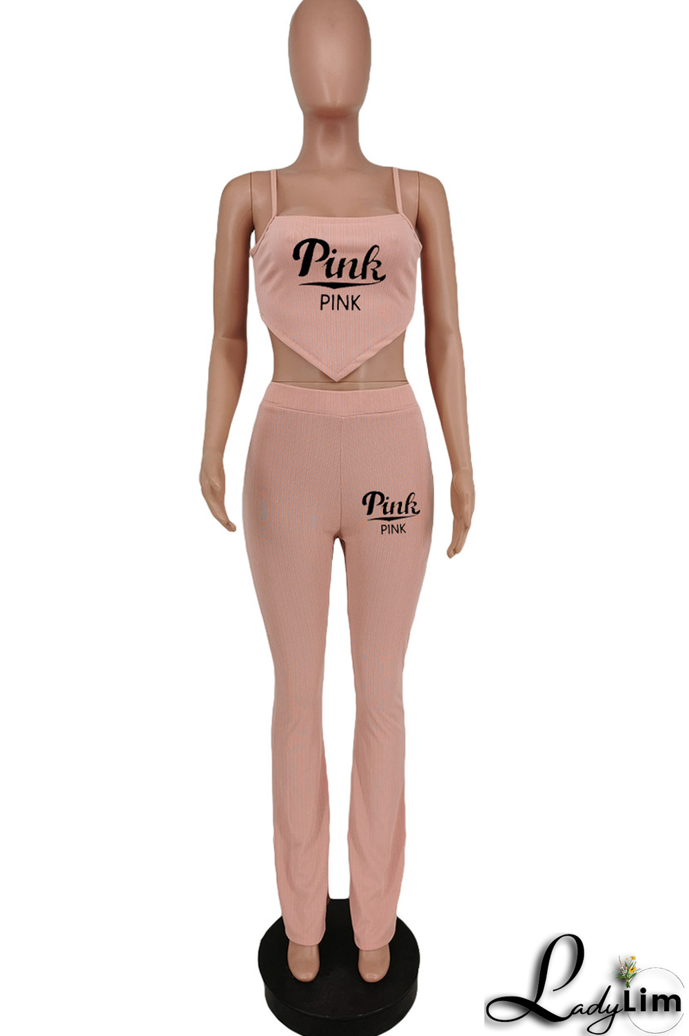 Orange Casual Print Letter Spaghetti Strap Sleeveless Two Pieces