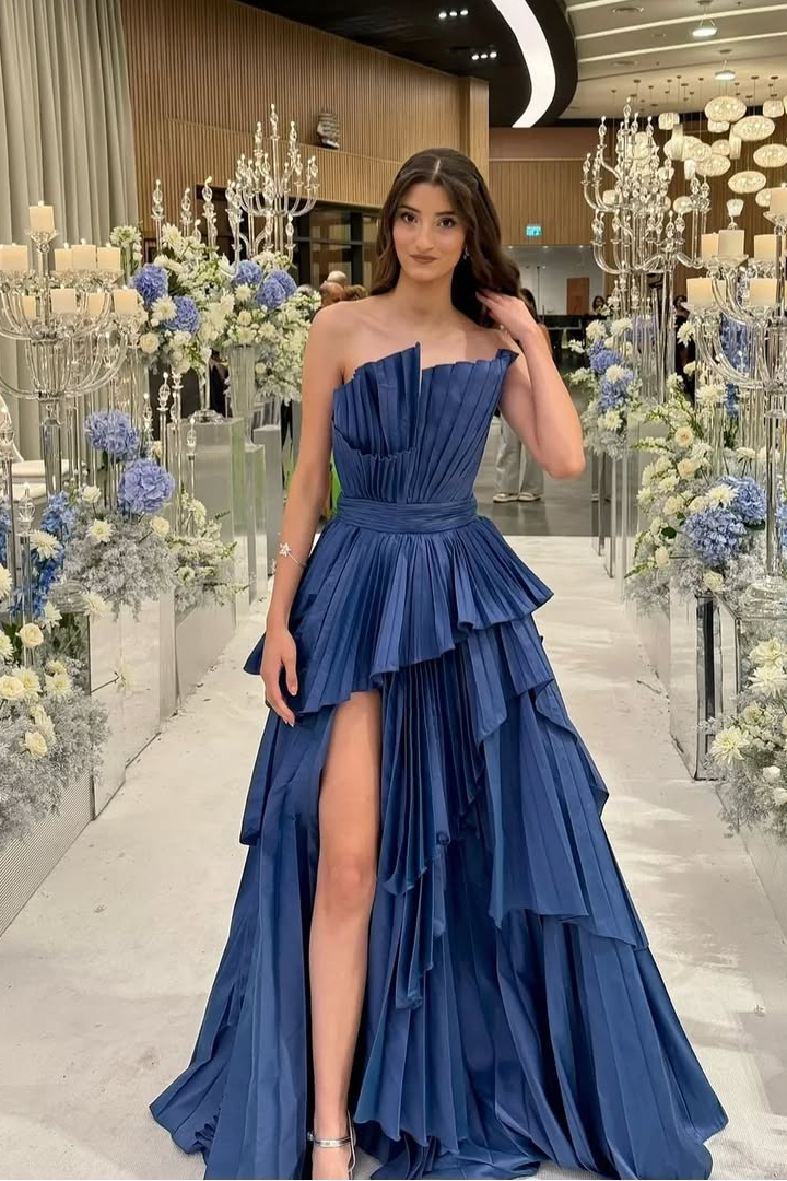 Miabel Elegant Dark Navy Sleeveless Strapless Long Pleated Prom Dress with Split 
