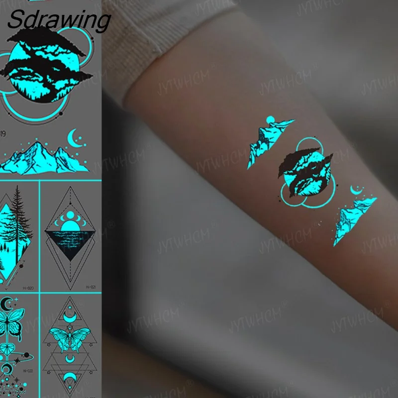 Sdrawing Luminous Tattoo Stickers Glowing Snow Mountain Forest Round Waterproof Temporary Tattoo Body Art Fake Tattoos Men And Women