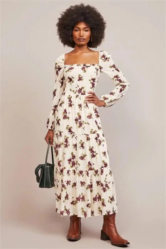 Printed Long Sleeve Square Collar Midi Dress