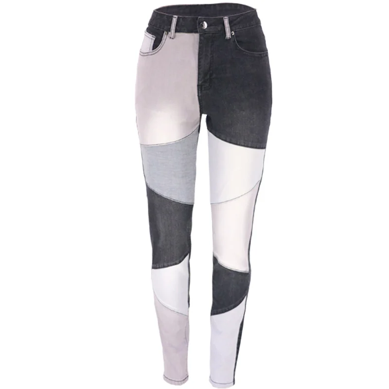 Women's Patchwork Street Hipster Cotton Wash Jeans High Waist Slim Fit Jeans