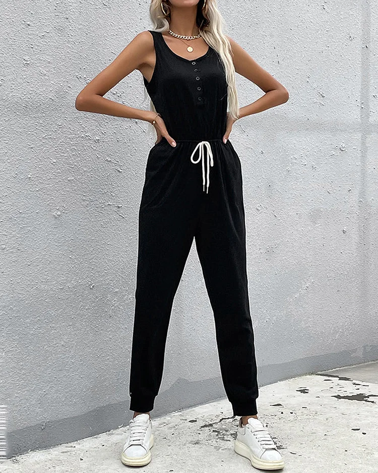 Solid Color Sleeveless Strappy Knit Jumpsuit