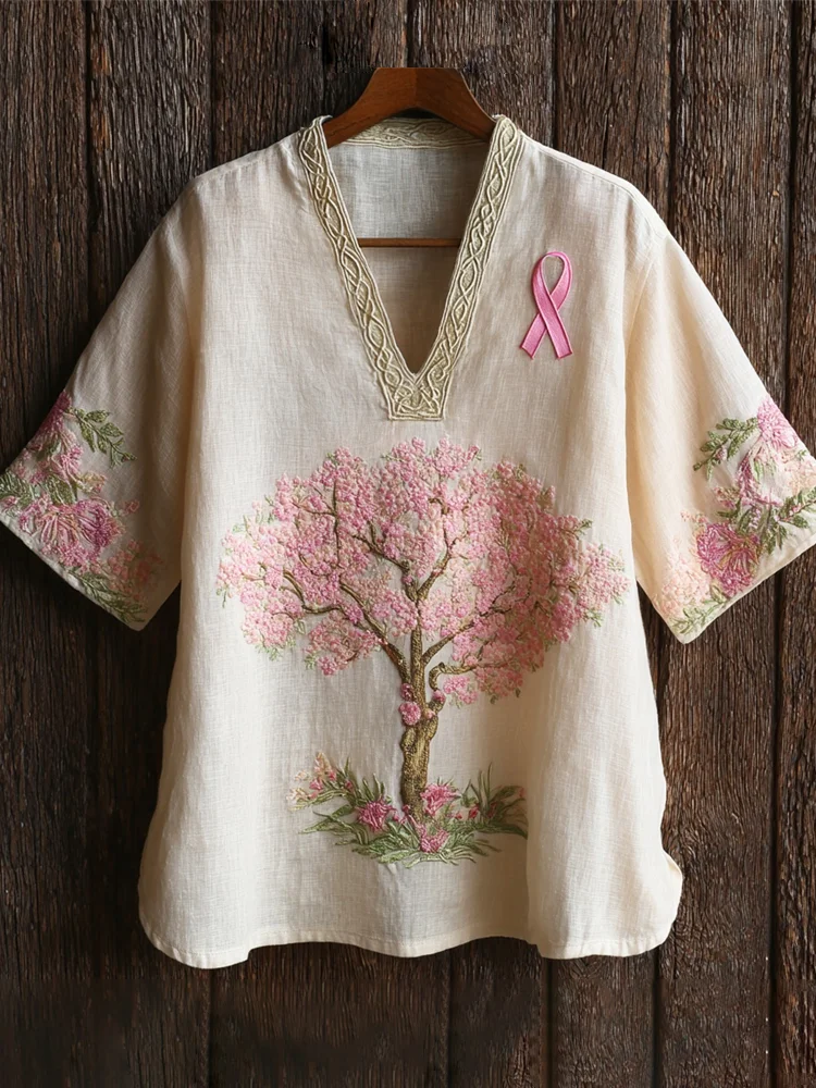 Tree Of Life Embroidered Pink Ribbon Awareness Vintage Women's Linen V-neck Shirt