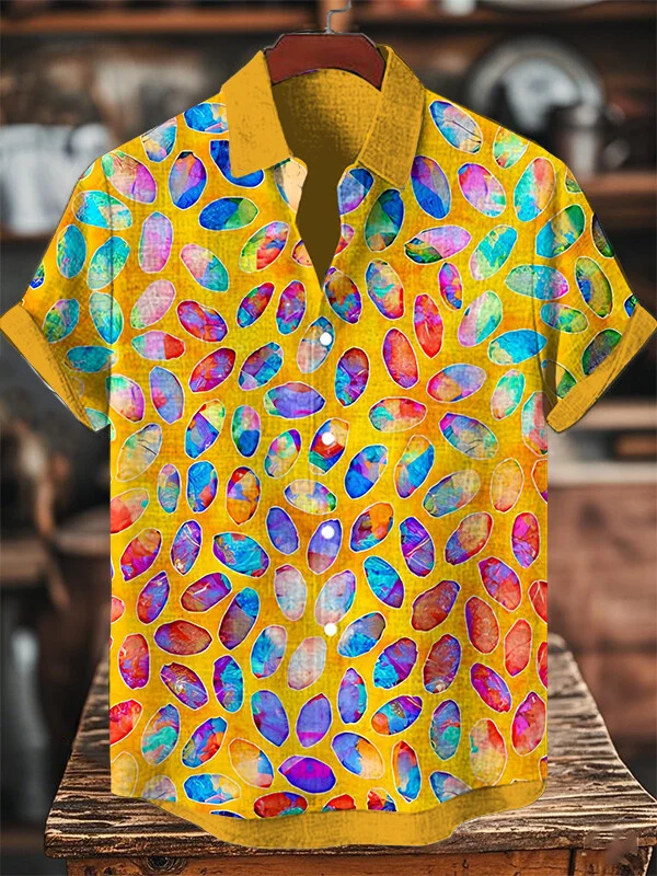 Men's Hippie Colorful Gemstone Art Print Short Sleeve Shirt