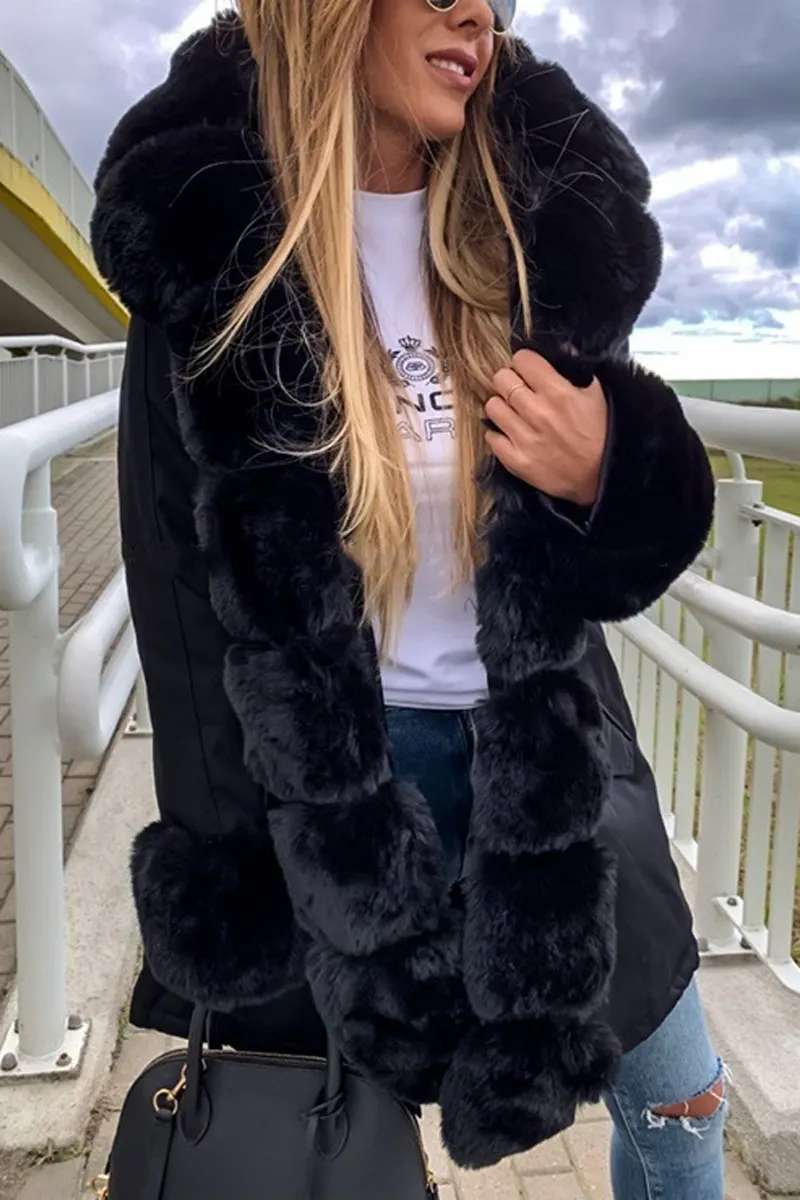 Drawstring Waist Fur Collar Fluffy Hooded Coat