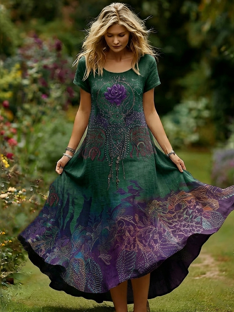 Women's Vintage Purple Rose Gradient Pattern Casual Round-neck Dress elevenforest