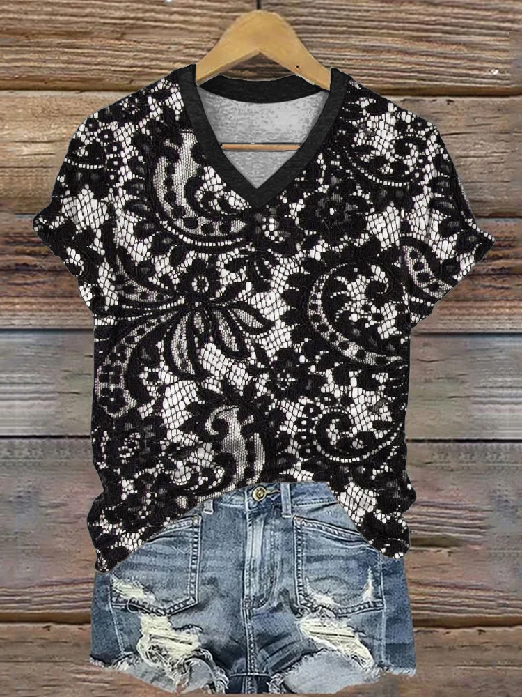  Vintage Paisley Floral Lace V Neck T Shirt Westsshops
