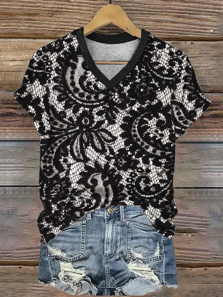 Vintage Paisley Floral Lace V Neck T Shirt