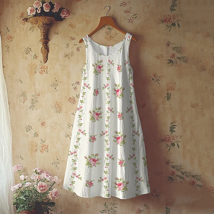 Floral Art Print Linen Blend Tank Dress