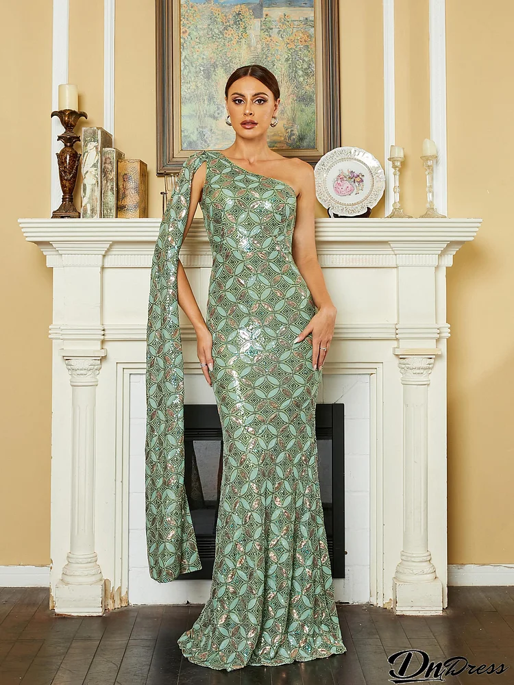 One Shoulder Sequin Mermaid Green Prom Dress RM20590