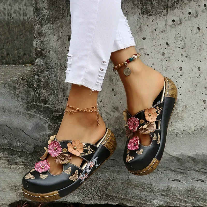 Women's Vintage Tribal Style Floral Slide Sandals Wedge Mule Shoes Clogs Slippers