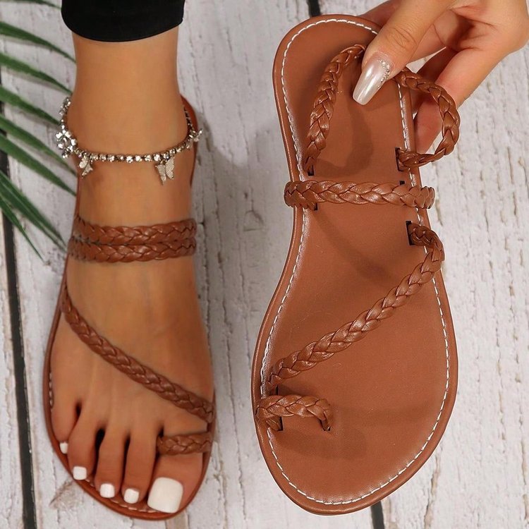 Vacation Brown PU Leather Braided Strap Clip Toe Flat Slippers 2024 - Flycurvy 