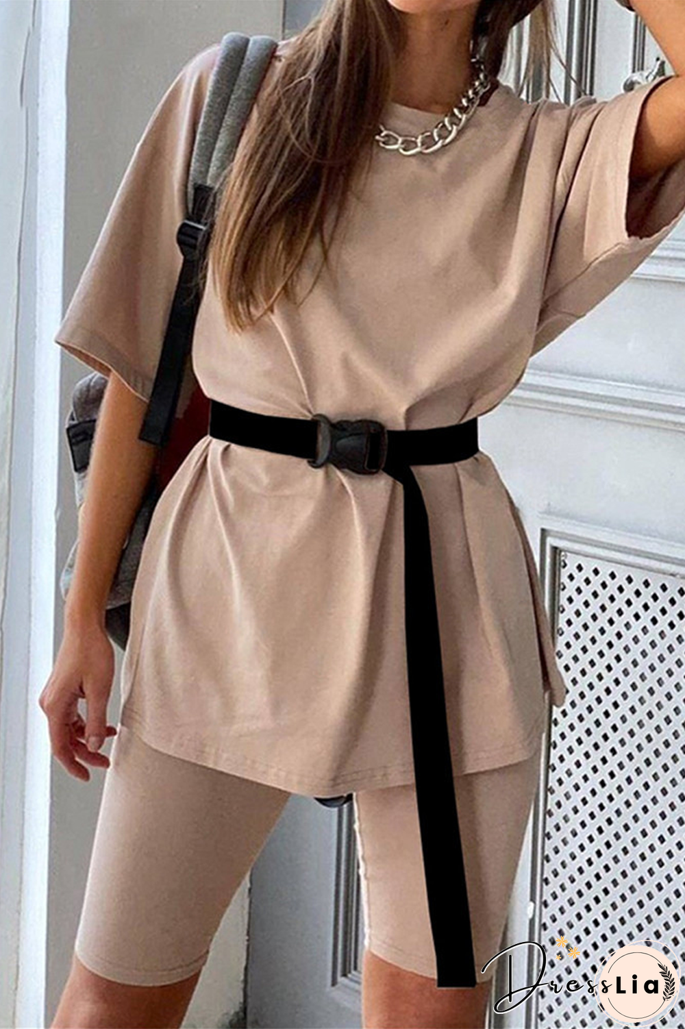 Solid Casual Sport Belted Two Pieces Sets