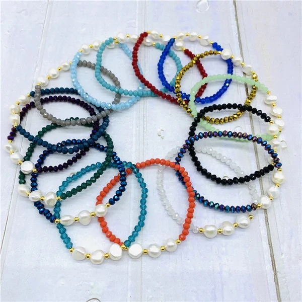 1 Pcs Handmade Glass Beads with Freshwater Pearls Stretchy Bracelet for Women