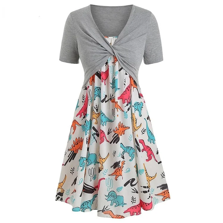 Dinosaur Print Ruffled Dress With Twist Top Spaghetti Strap Two Piece Dresses SS2173