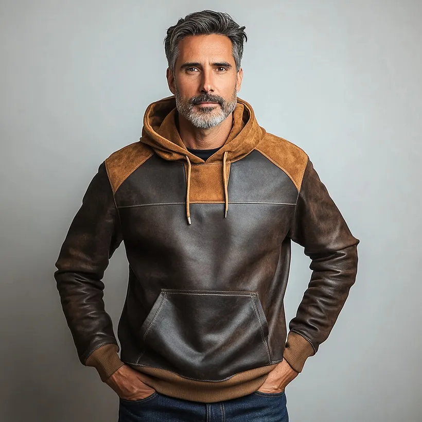 Men's PU Leather Patchwork Suede Pocket Drawstring Hoodie - GIOVANCO