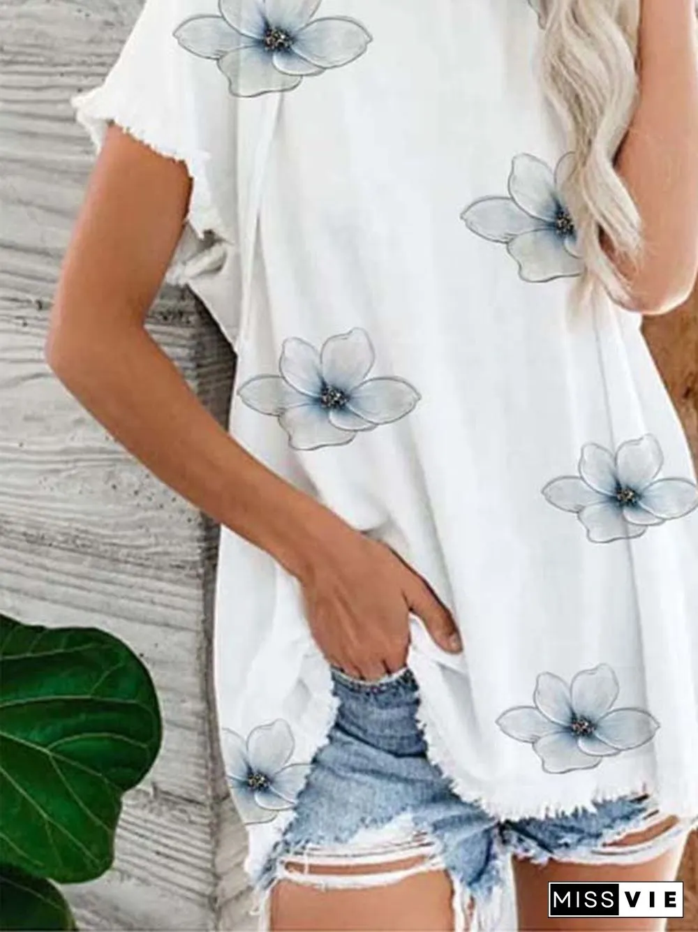 Cotton-Blend Casual Floral-Print Crew Neck Tops