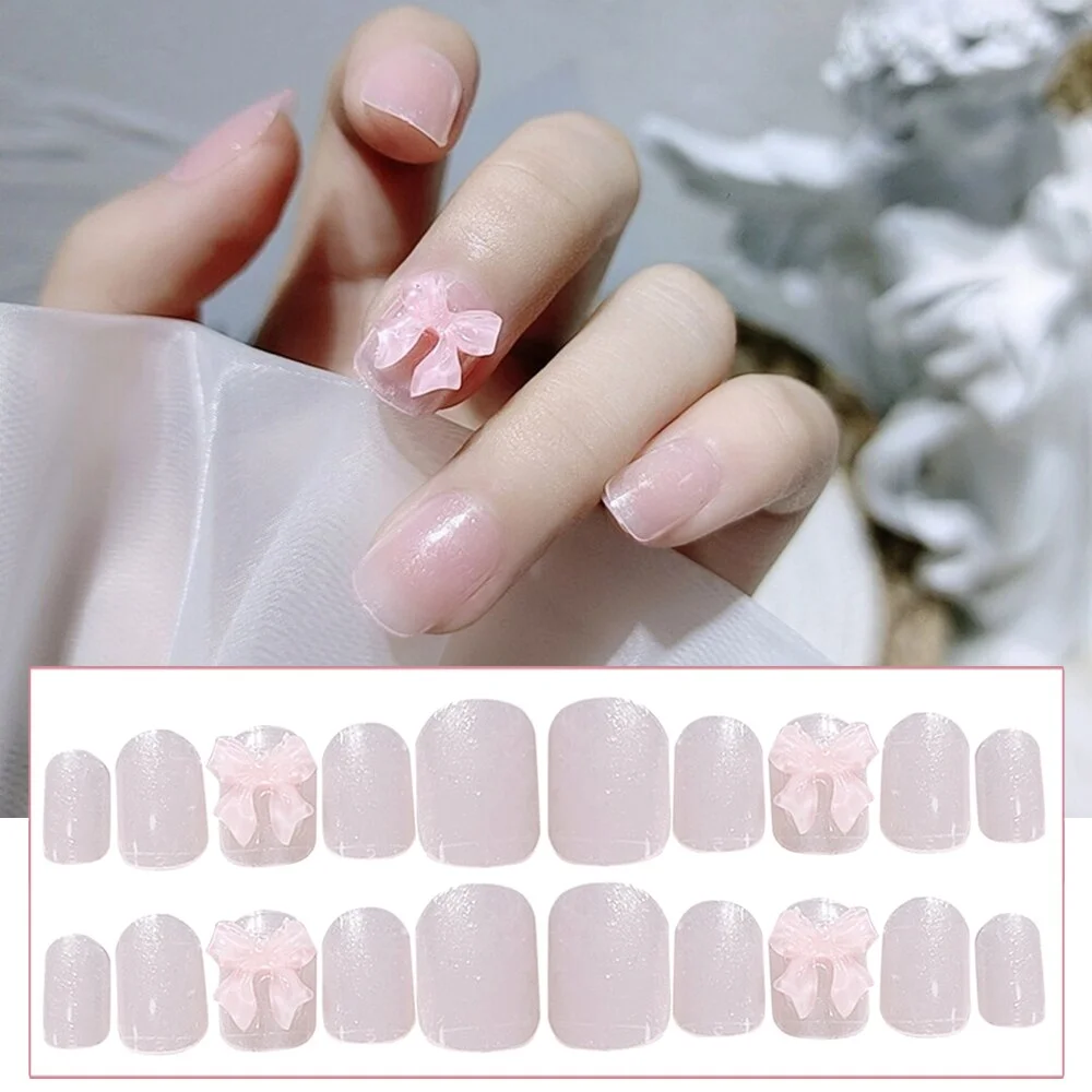 Applyw Press on Nail Pearl Design Pink Color Fake Nails Full Finished Girl Removable Summer Sweet Style False Nails Nail Decor