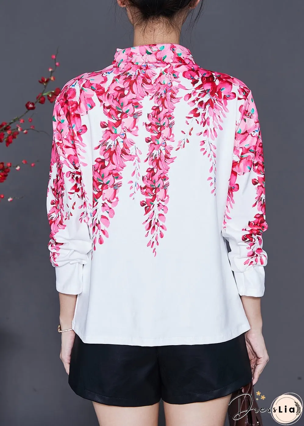 White Cotton Shirt Turtle Neck Floral Print Spring