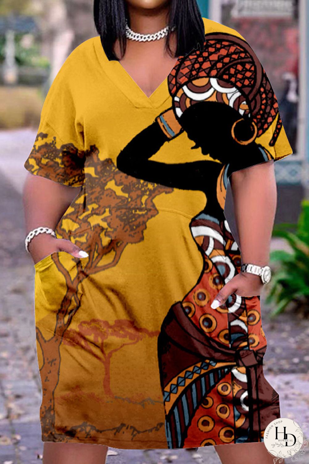 Multicolor Casual Street Print Patchwork V Neck Straight Dresses