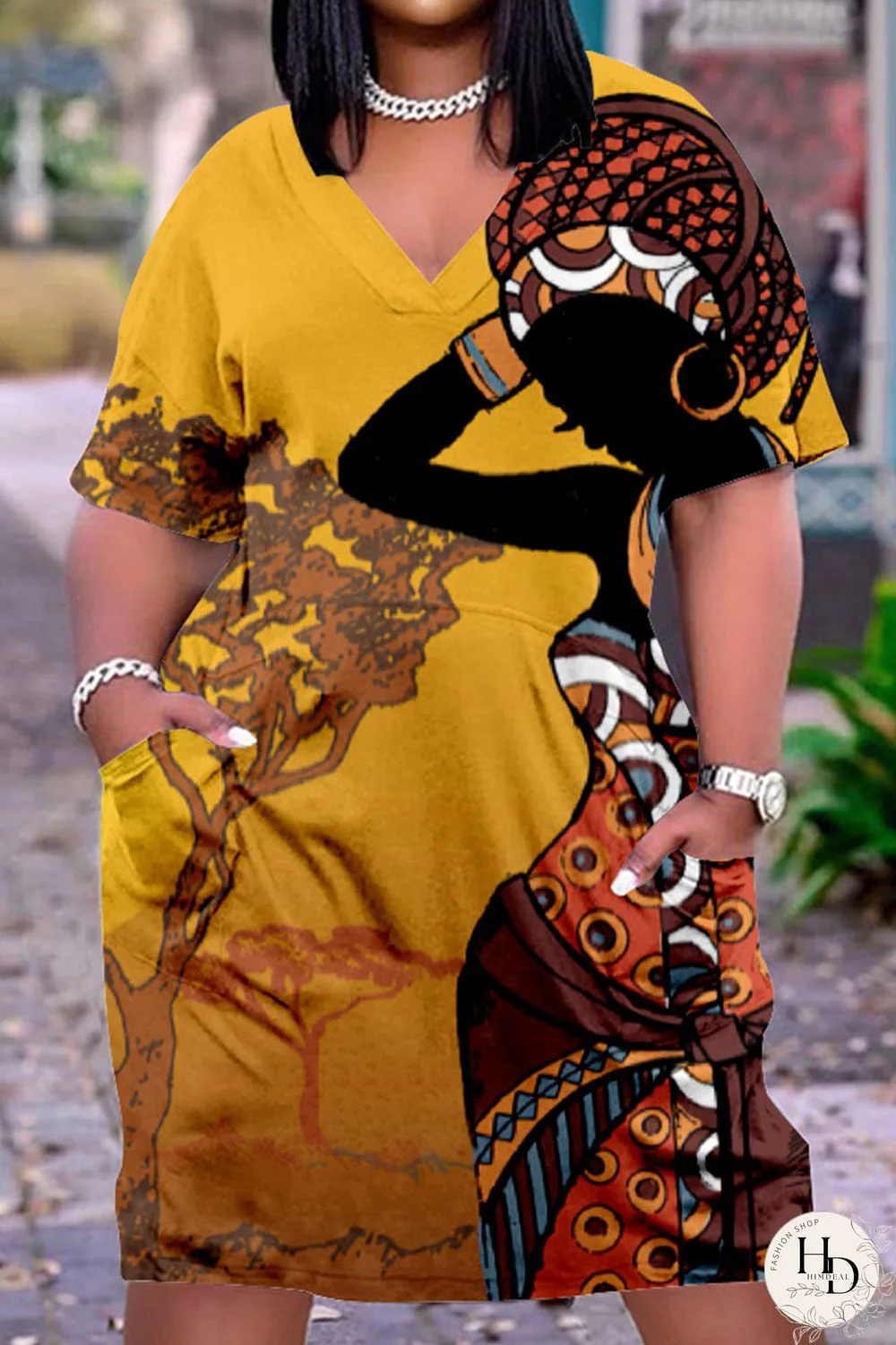 Multicolor Casual Street Print Patchwork V Neck Straight Dresses